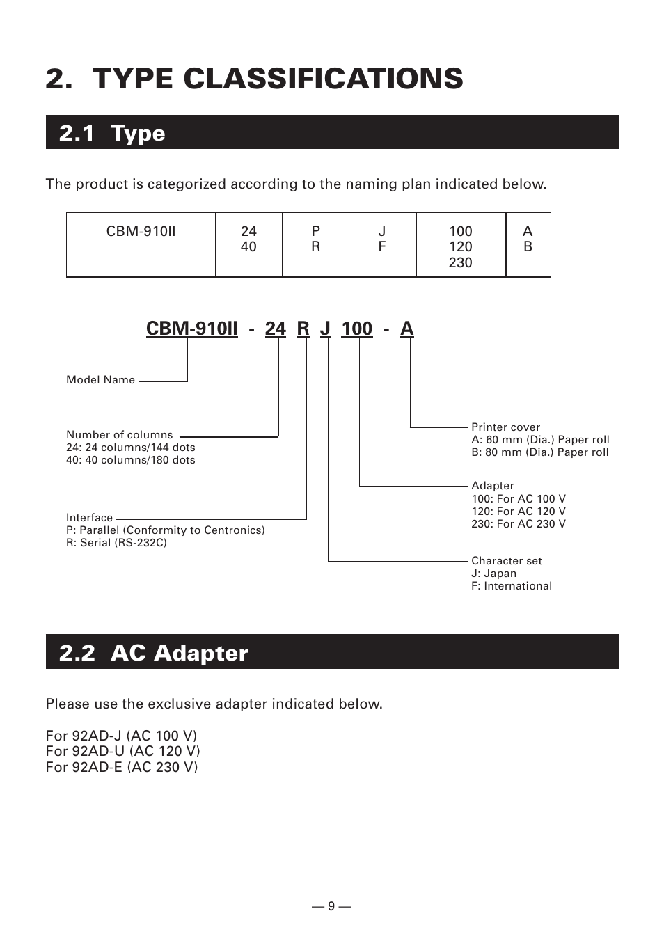 Type classifications, 1 type, 2 ac adapter | Citizen Systems CBM-910 User Manual | Page 12 / 61