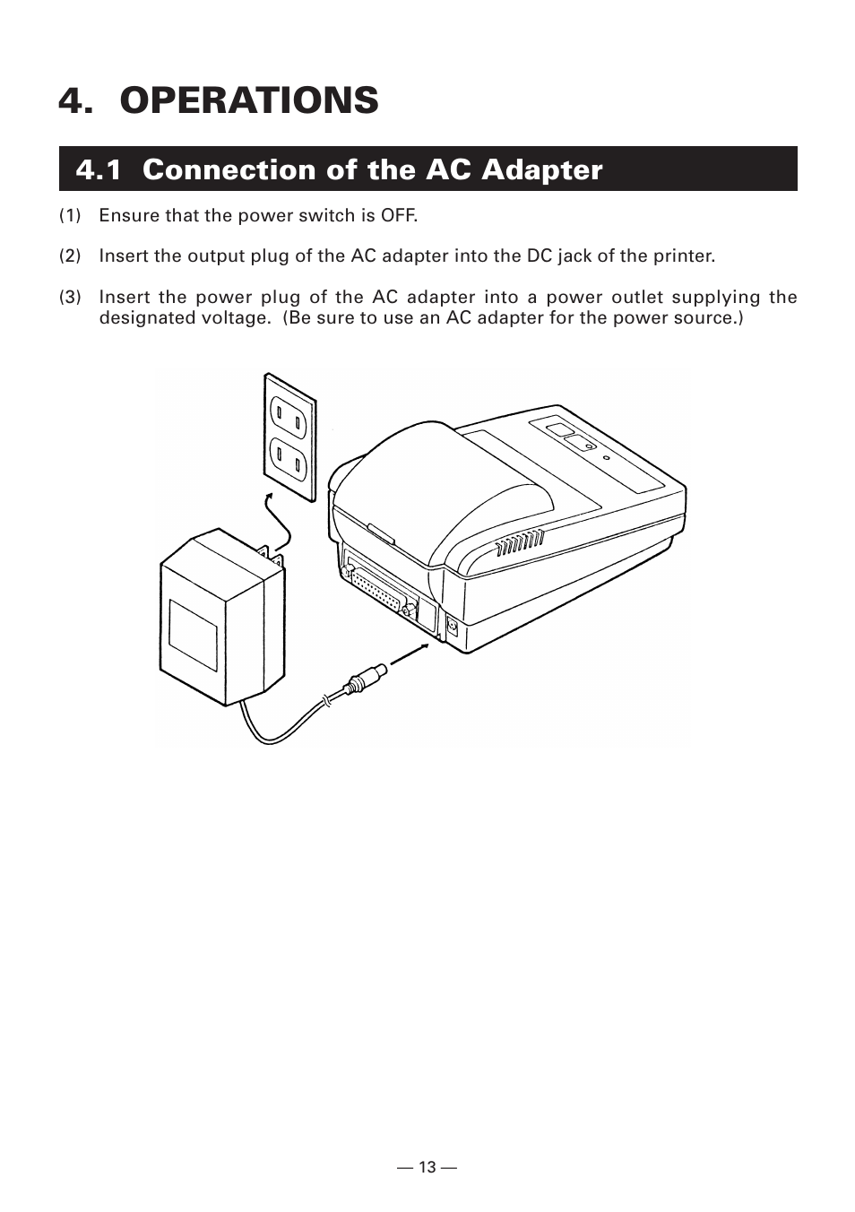 Operations, 1 connection of the ac adapter | Citizen Systems CBM-910 User Manual | Page 16 / 61