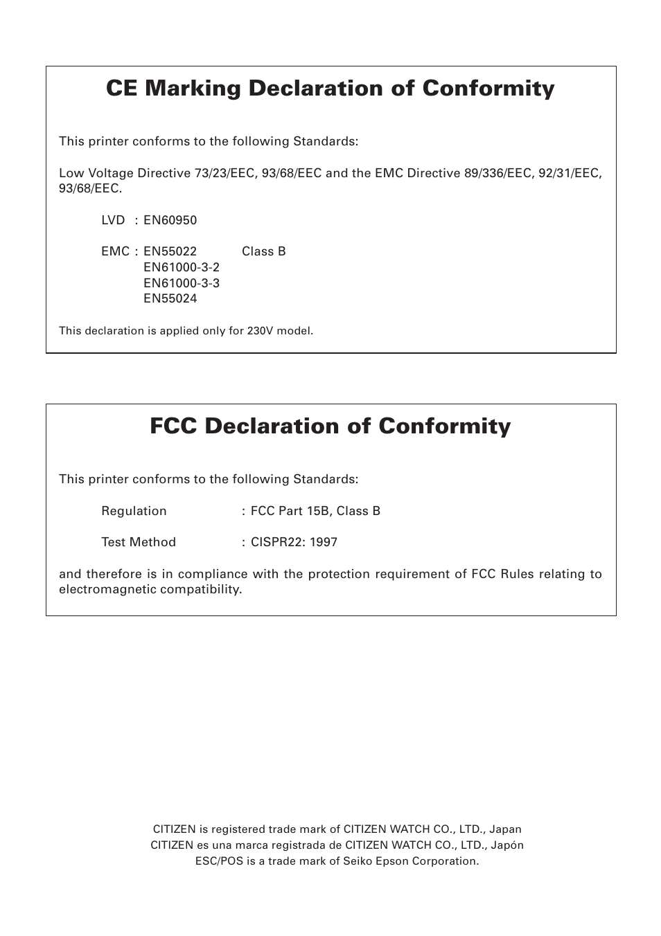 Ce marking declaration of conformity, Fcc declaration of conformity | Citizen Systems CBM-910 User Manual | Page 2 / 61