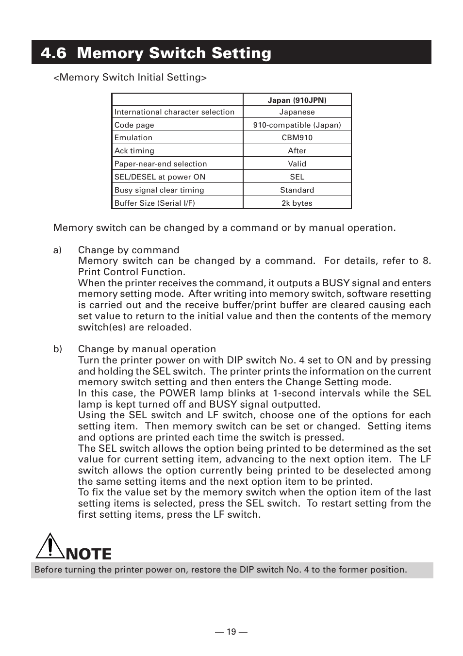 6 memory switch setting | Citizen Systems CBM-910 User Manual | Page 22 / 61