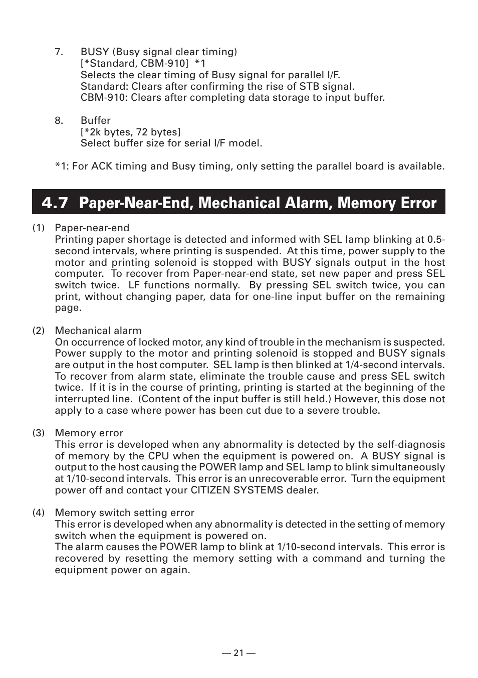 7 paper-near-end, mechanical alarm, memory error | Citizen Systems CBM-910 User Manual | Page 24 / 61