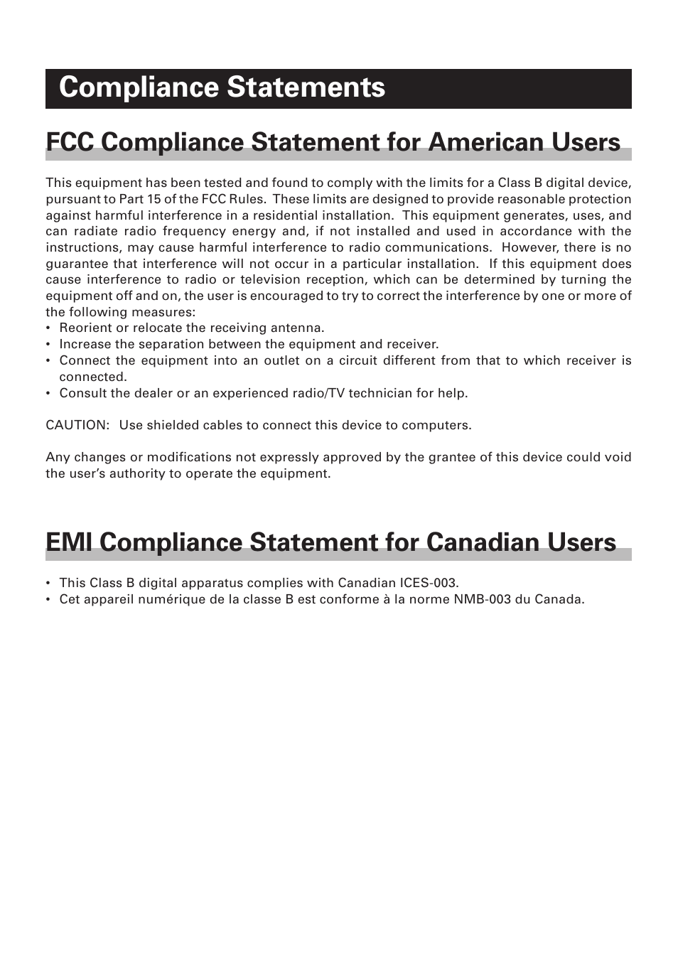 Compliance statements, Fcc compliance statement for american users, Emi compliance statement for canadian users | Citizen Systems CBM-910 User Manual | Page 3 / 61