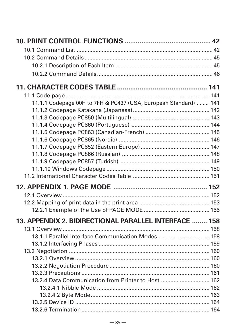 Print control functions, Character codes table, Appendix 1. page mode | Appendix 2. bidirectional parallel interface | Citizen Systems iDP3240 User Manual | Page 17 / 231