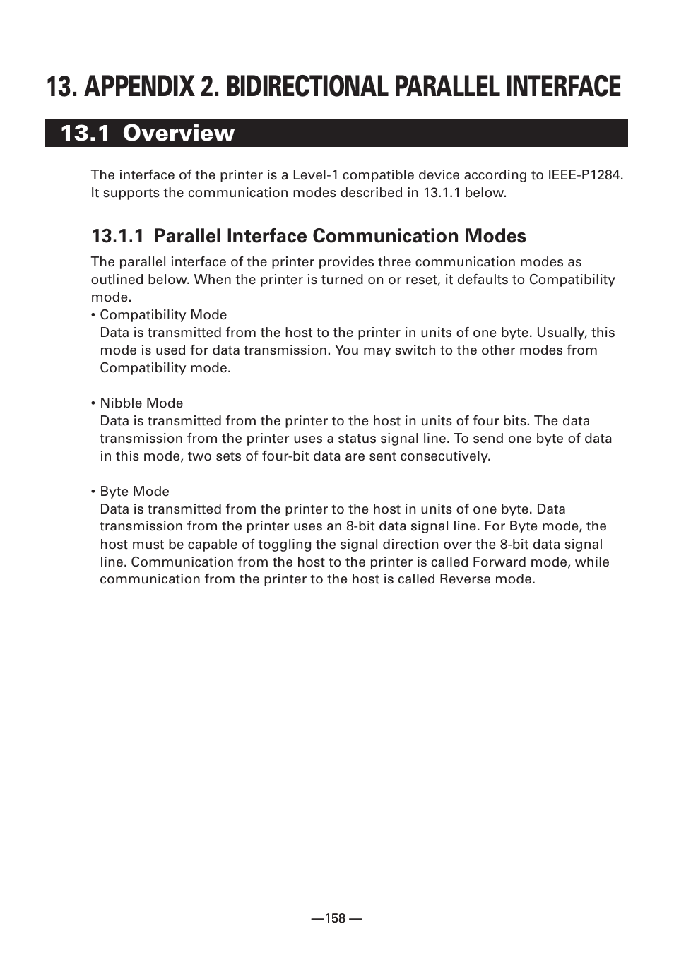 Appendix 2. bidirectional parallel interface, 1 overview, 1 parallel interface communication modes | Citizen Systems iDP3240 User Manual | Page 178 / 231