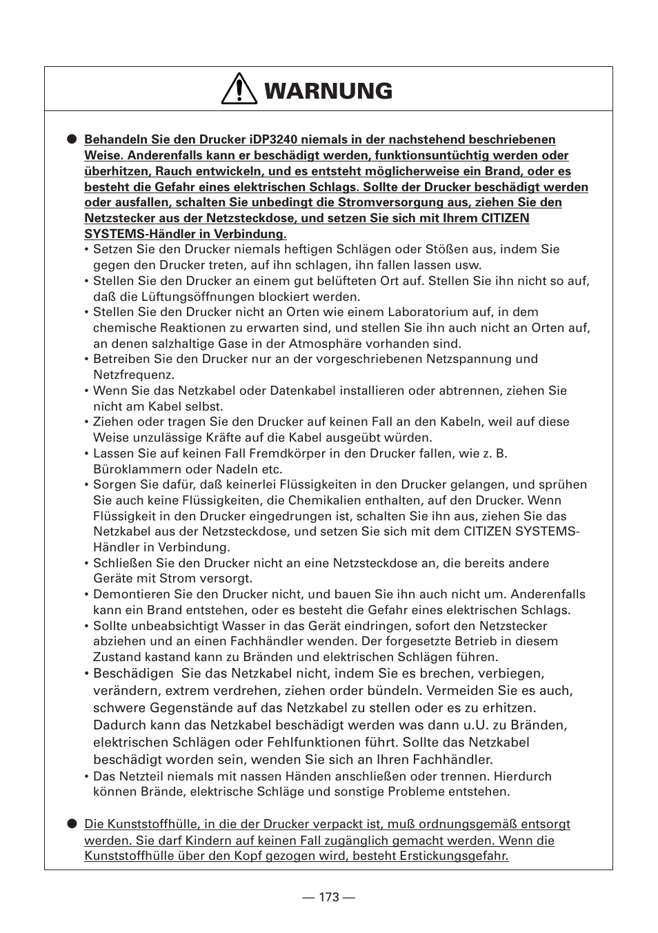 Warnung | Citizen Systems iDP3240 User Manual | Page 193 / 231