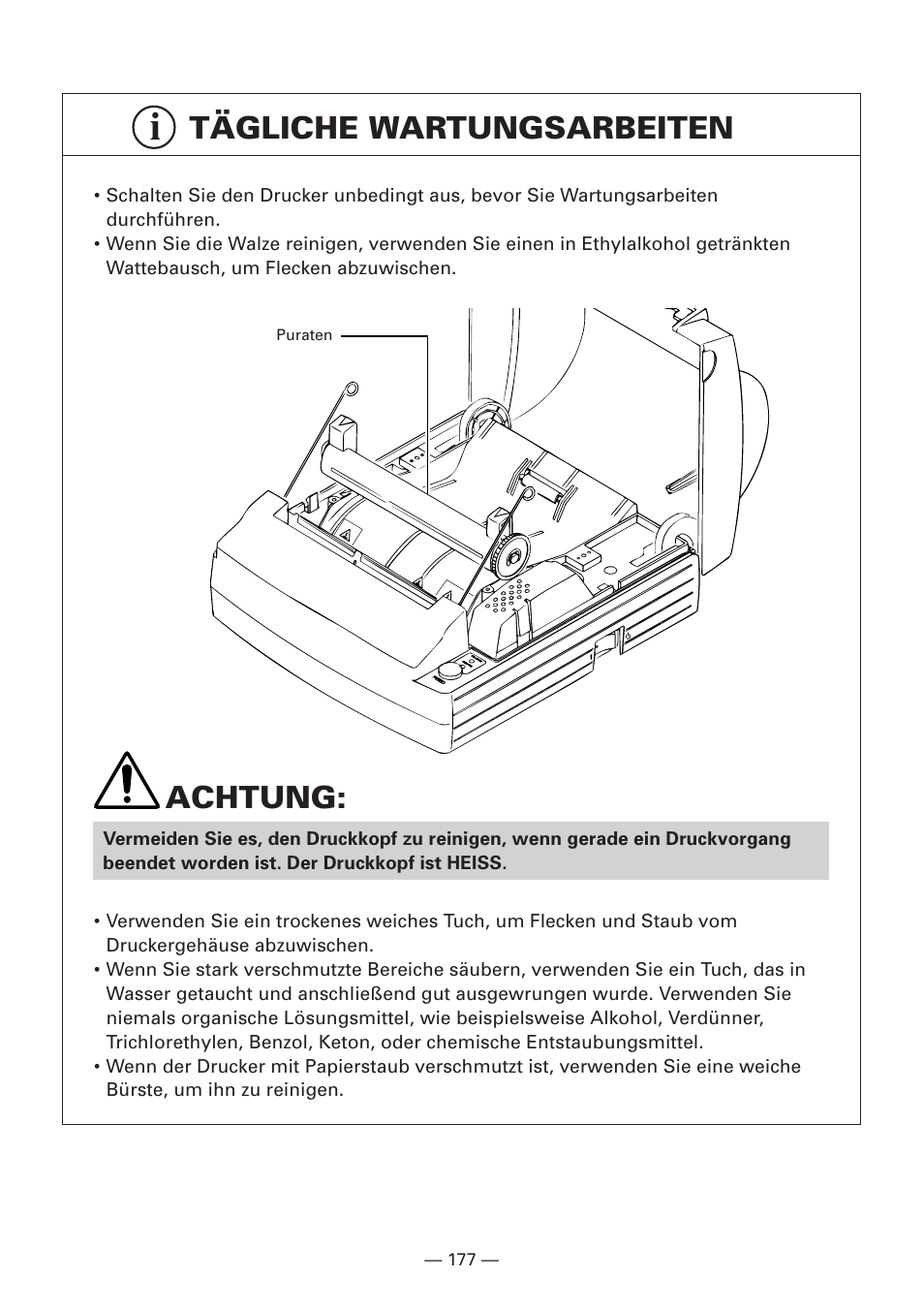 Tägliche wartungsarbeiten, Achtung | Citizen Systems iDP3240 User Manual | Page 197 / 231