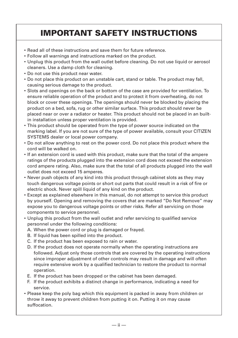 Important safety instructions | Citizen Systems iDP3240 User Manual | Page 4 / 231