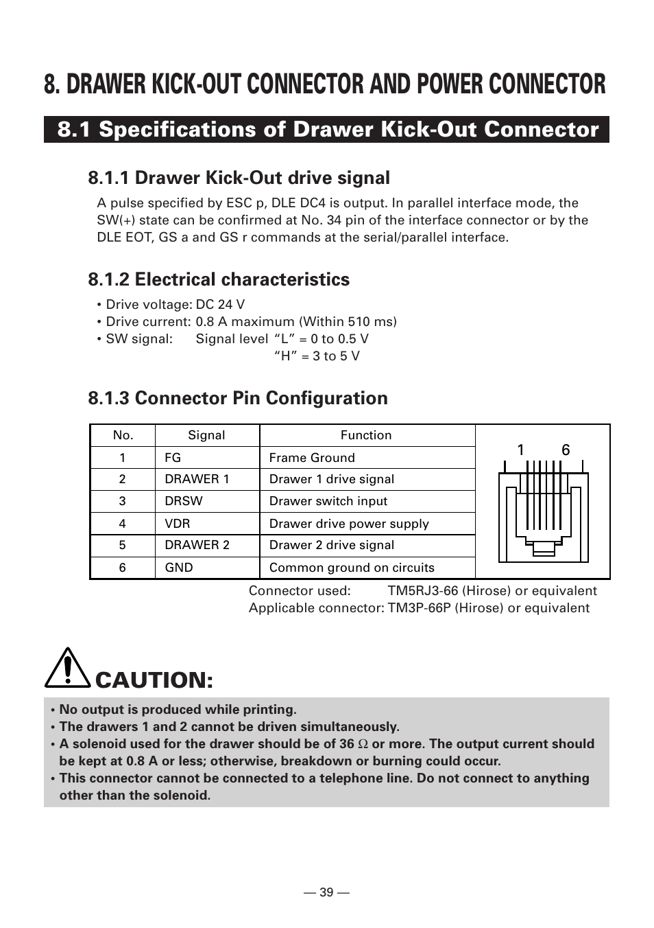 Drawer kick-out connector and power connector, 1 specifications of drawer kick-out connector, 1 drawer kick-out drive signal | 2 electrical characteristics, 3 connector pin configuration, Caution | Citizen Systems iDP3240 User Manual | Page 59 / 231