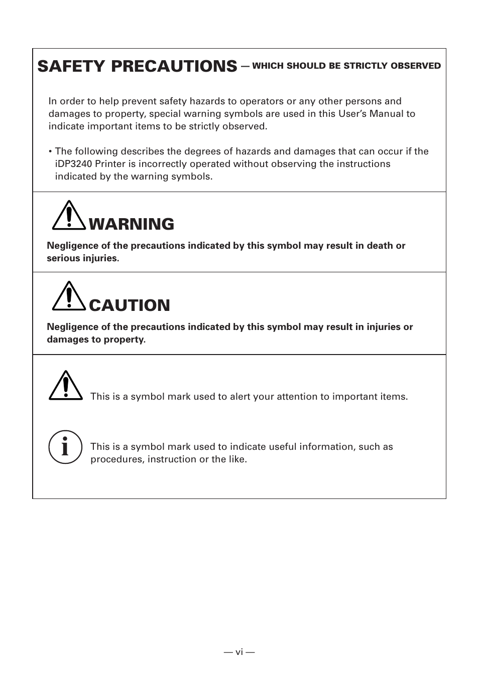 Safety precautions, Warning, Caution | Citizen Systems iDP3240 User Manual | Page 8 / 231