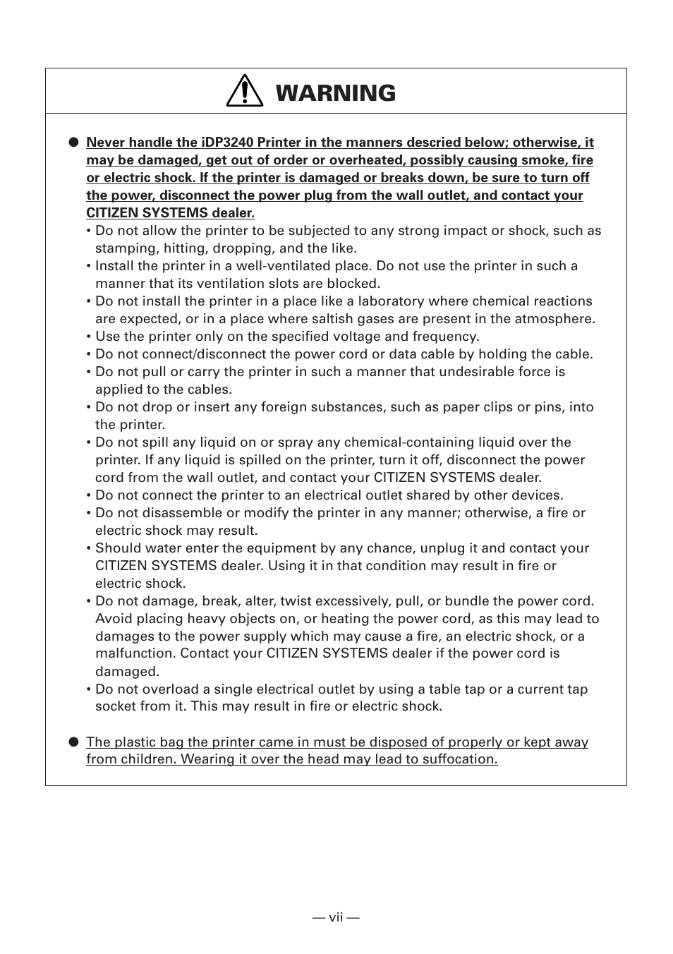 Warning | Citizen Systems iDP3240 User Manual | Page 9 / 231