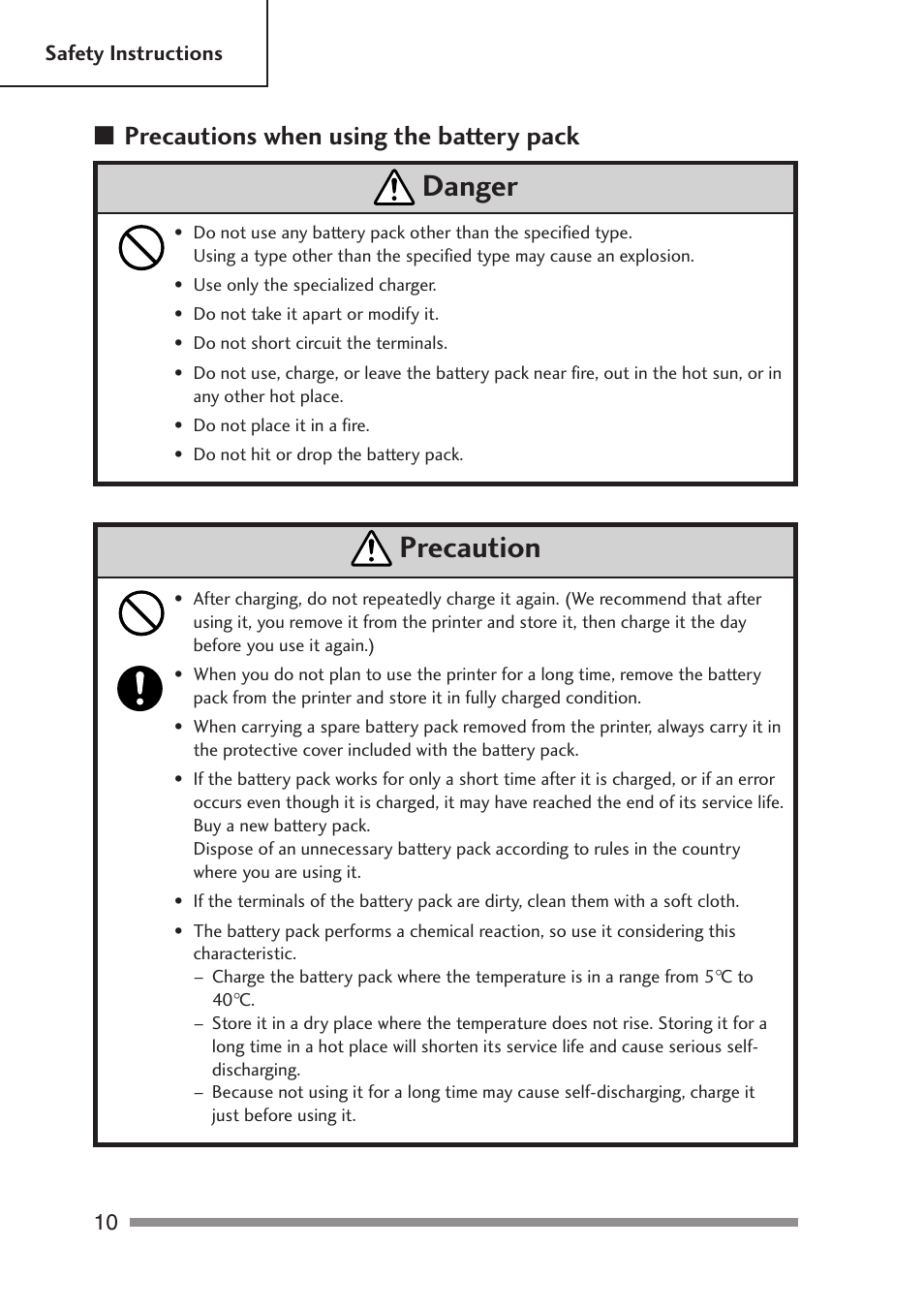 Precautions when using the battery pack, Precaution, Danger | Citizen Systems PD-24 User Manual | Page 10 / 52