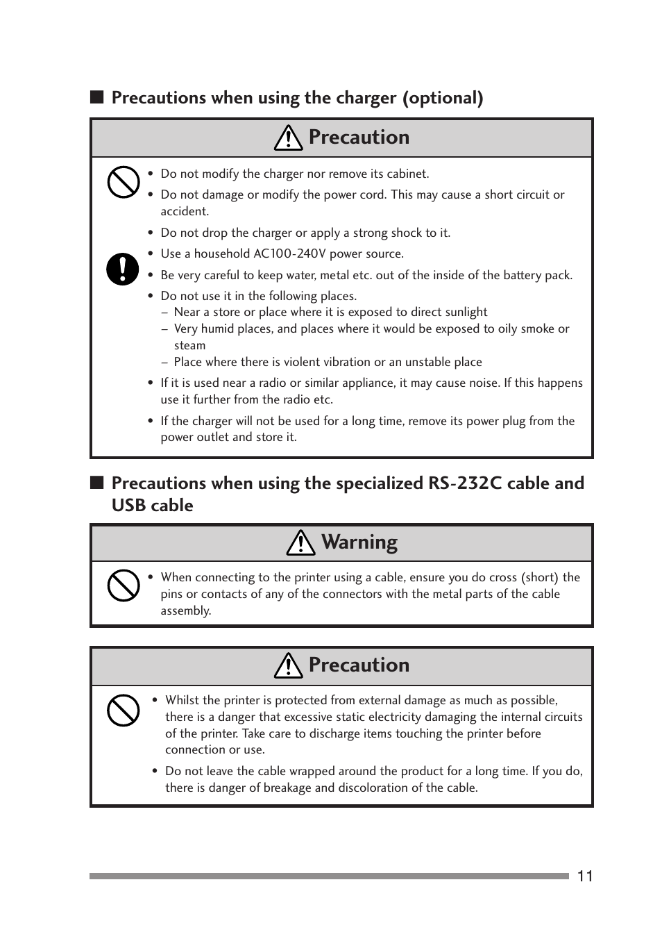 Precautions when using the charger (optional), Precaution, Warning | Citizen Systems PD-24 User Manual | Page 11 / 52