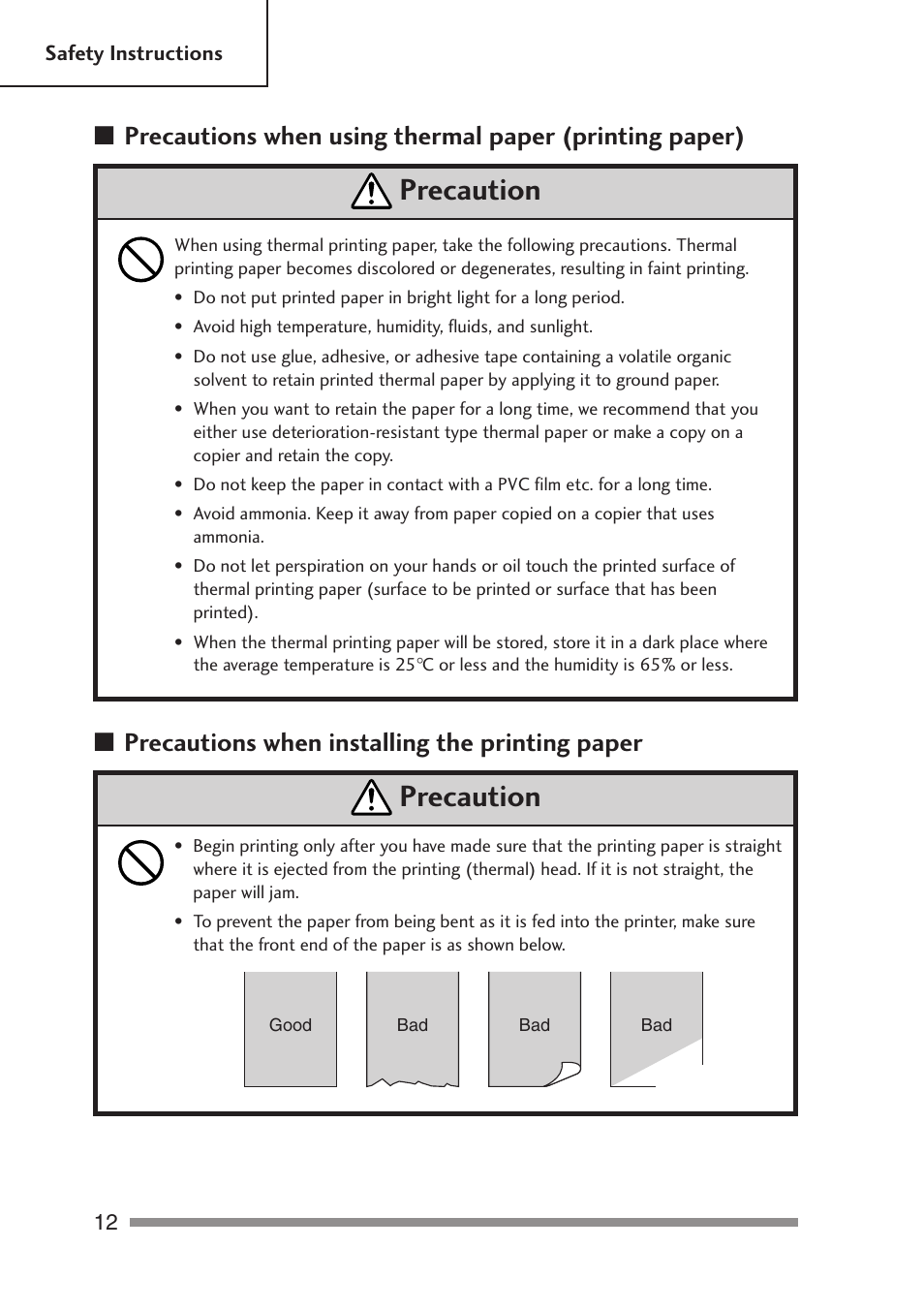 Precaution, Precautions when installing the printing paper | Citizen Systems PD-24 User Manual | Page 12 / 52