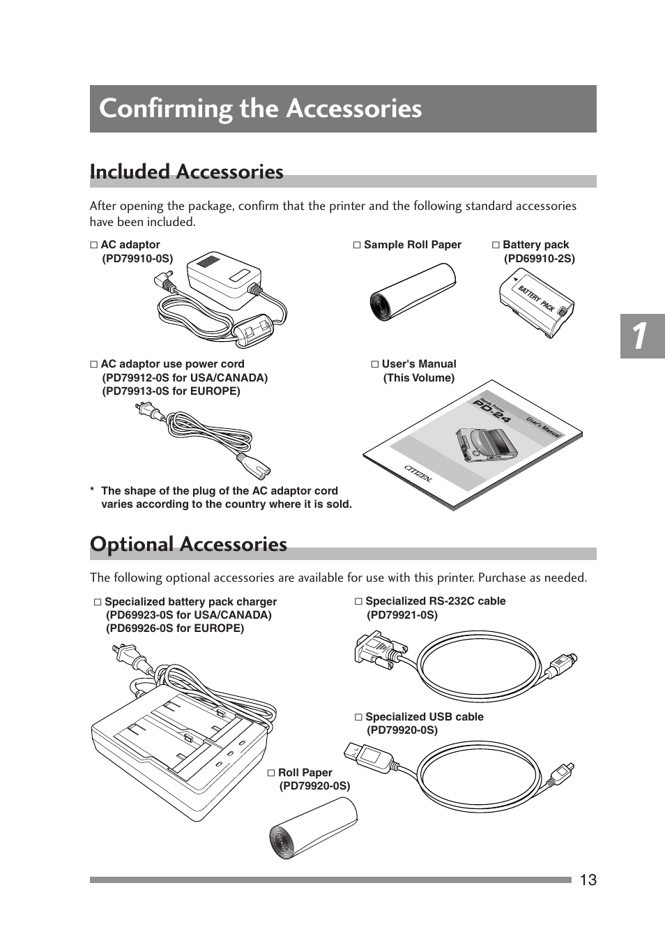 Chapter 1, Confirming the accessories, Included accessories | Optional accessories | Citizen Systems PD-24 User Manual | Page 13 / 52