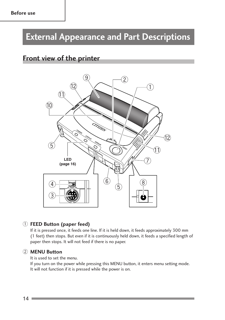 External appearance and part descriptions, Front view of the printer | Citizen Systems PD-24 User Manual | Page 14 / 52