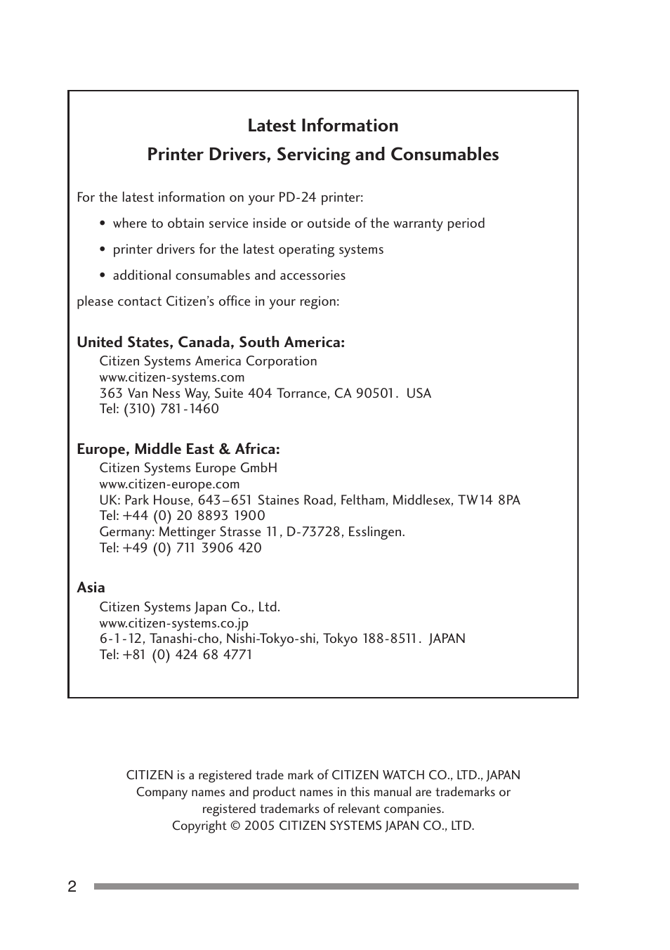 Latest information | Citizen Systems PD-24 User Manual | Page 2 / 52