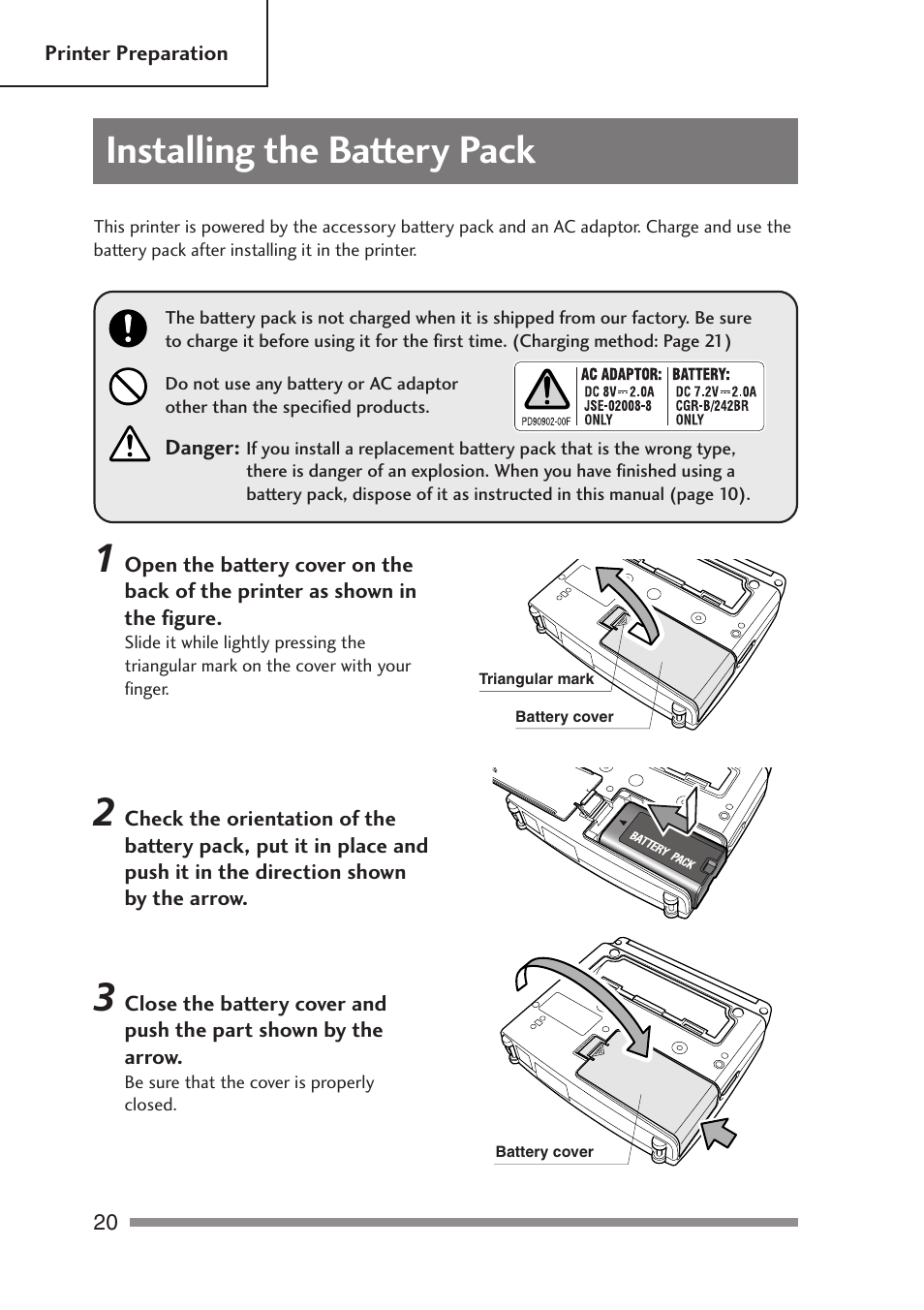 Chapter 2, Installing the battery pack, Ements | Citizen Systems PD-24 User Manual | Page 20 / 52