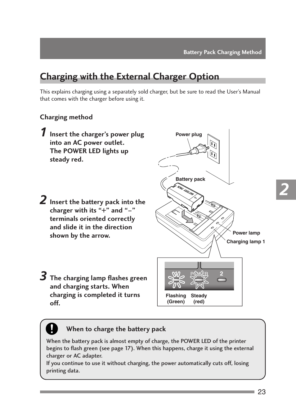 Charging with the external charger option, Ssories | Citizen Systems PD-24 User Manual | Page 23 / 52