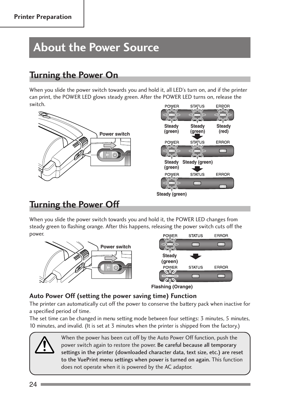 About the power source, Turning the power on, Turning the power off | Ssories, Ance and part descriptions | Citizen Systems PD-24 User Manual | Page 24 / 52