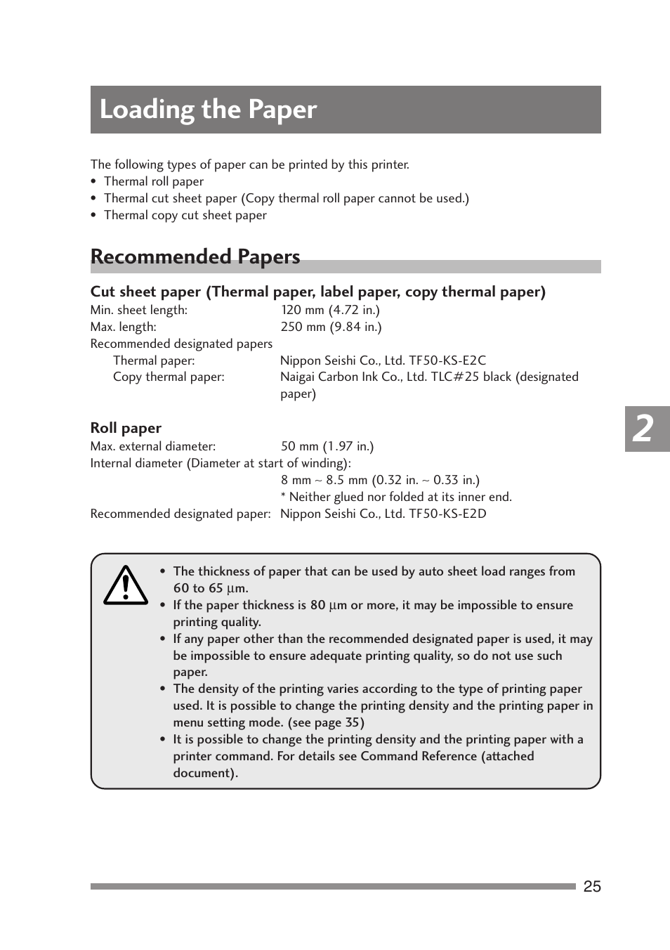 Loading the paper, Recommended papers, W of the printer | Citizen Systems PD-24 User Manual | Page 25 / 52