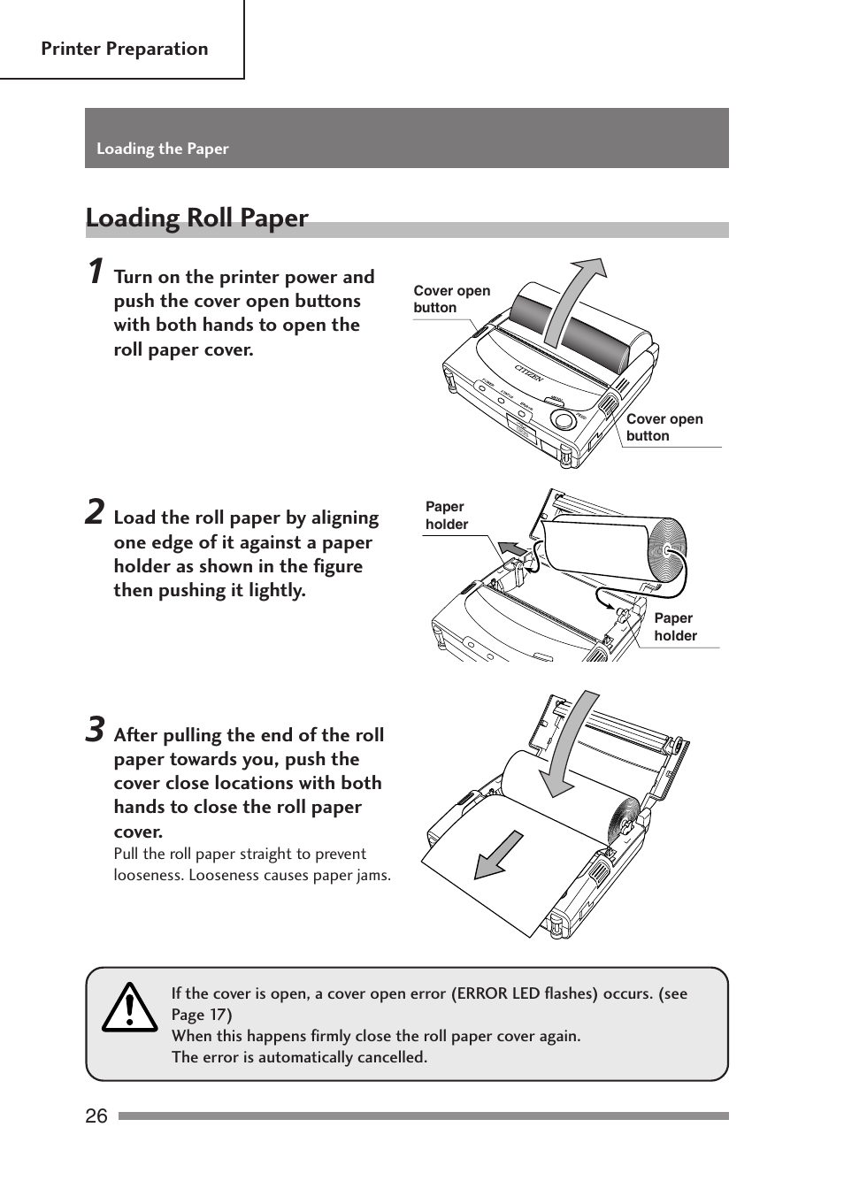 Loading roll paper | Citizen Systems PD-24 User Manual | Page 26 / 52