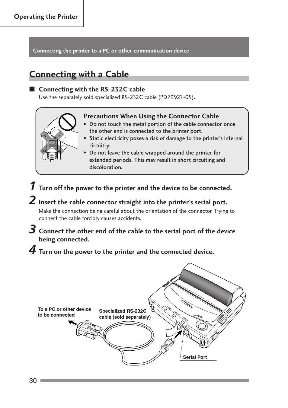 Connecting with a cable, Connecting with the rs-232c cable, Ging method | Citizen Systems PD-24 User Manual | Page 30 / 52