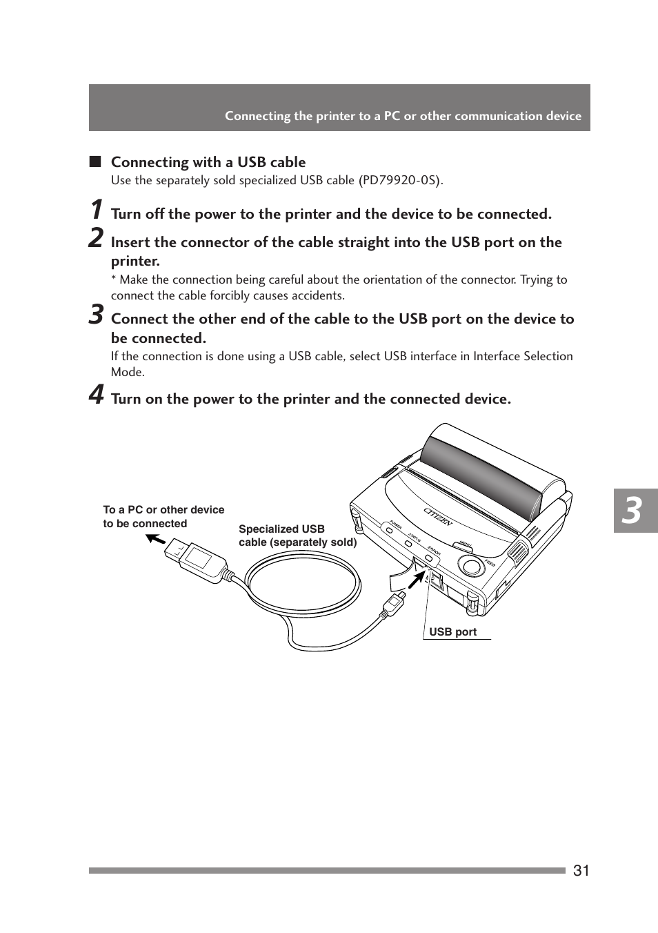 Connecting with a usb cable | Citizen Systems PD-24 User Manual | Page 31 / 52