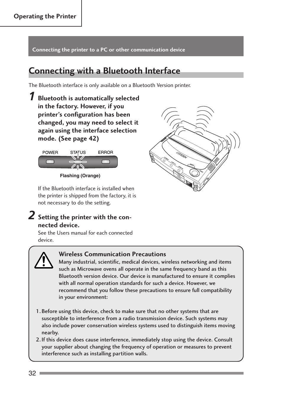 Connecting with a bluetooth interface, Ernal charger option | Citizen Systems PD-24 User Manual | Page 32 / 52