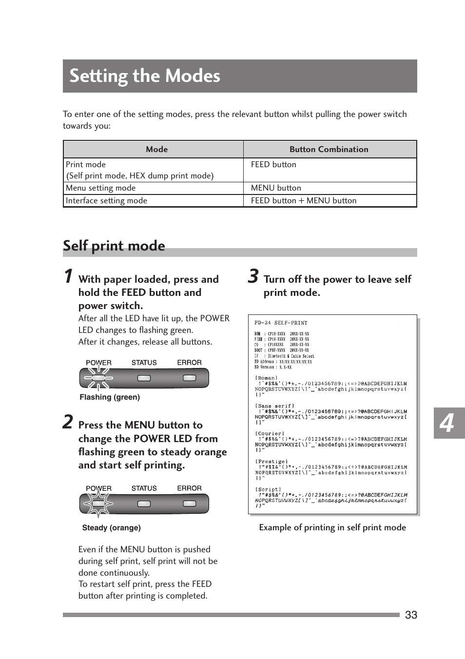 Chapter 4, Setting the modes, Self print mode | Er source, Wer on | Citizen Systems PD-24 User Manual | Page 33 / 52