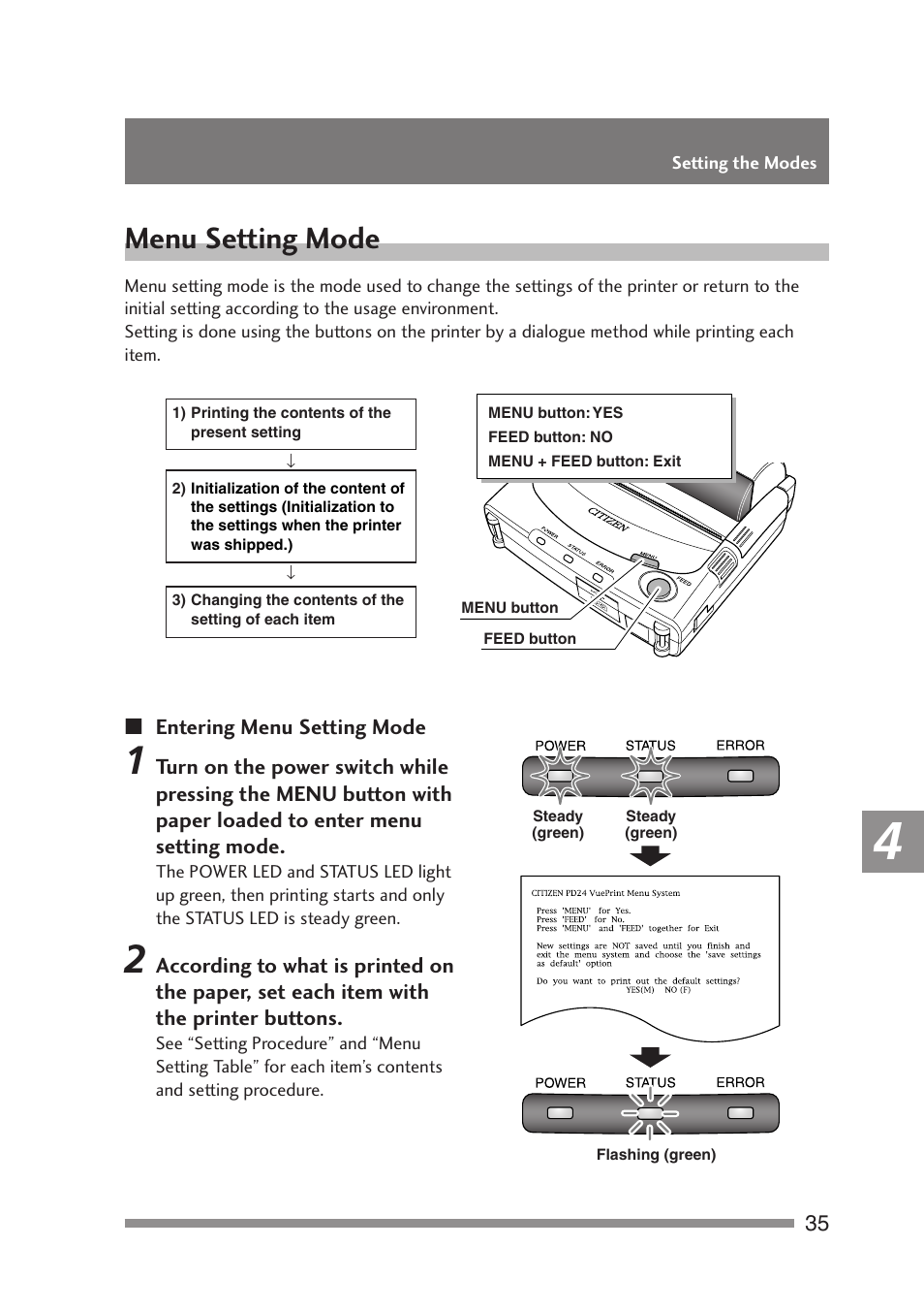 Menu setting mode, Entering menu setting mode | Citizen Systems PD-24 User Manual | Page 35 / 52