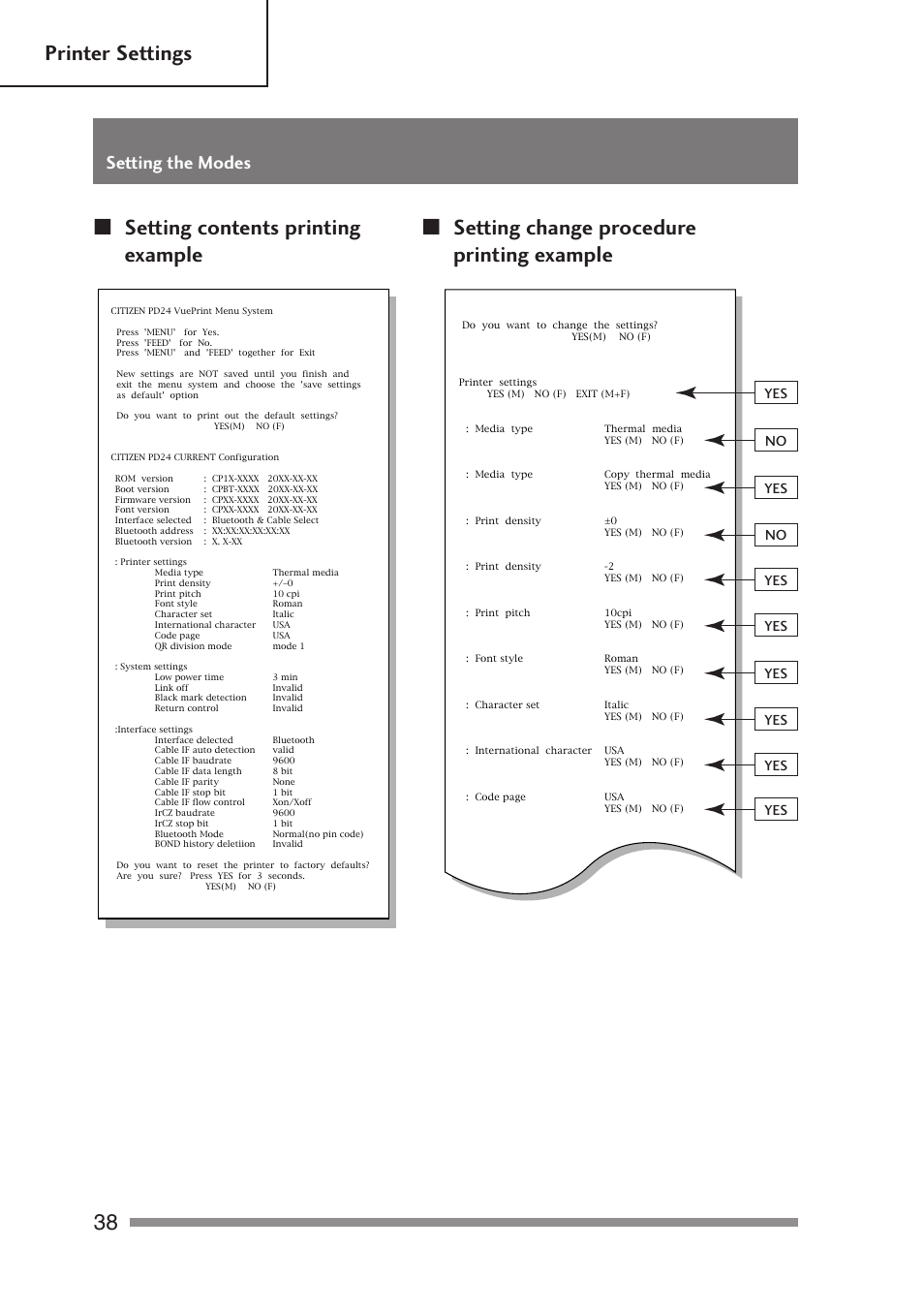 Setting contents printing example, Setting change procedure printing example, 38 printer settings | Setting the modes, Yes no yes no yes yes yes yes yes yes | Citizen Systems PD-24 User Manual | Page 38 / 52