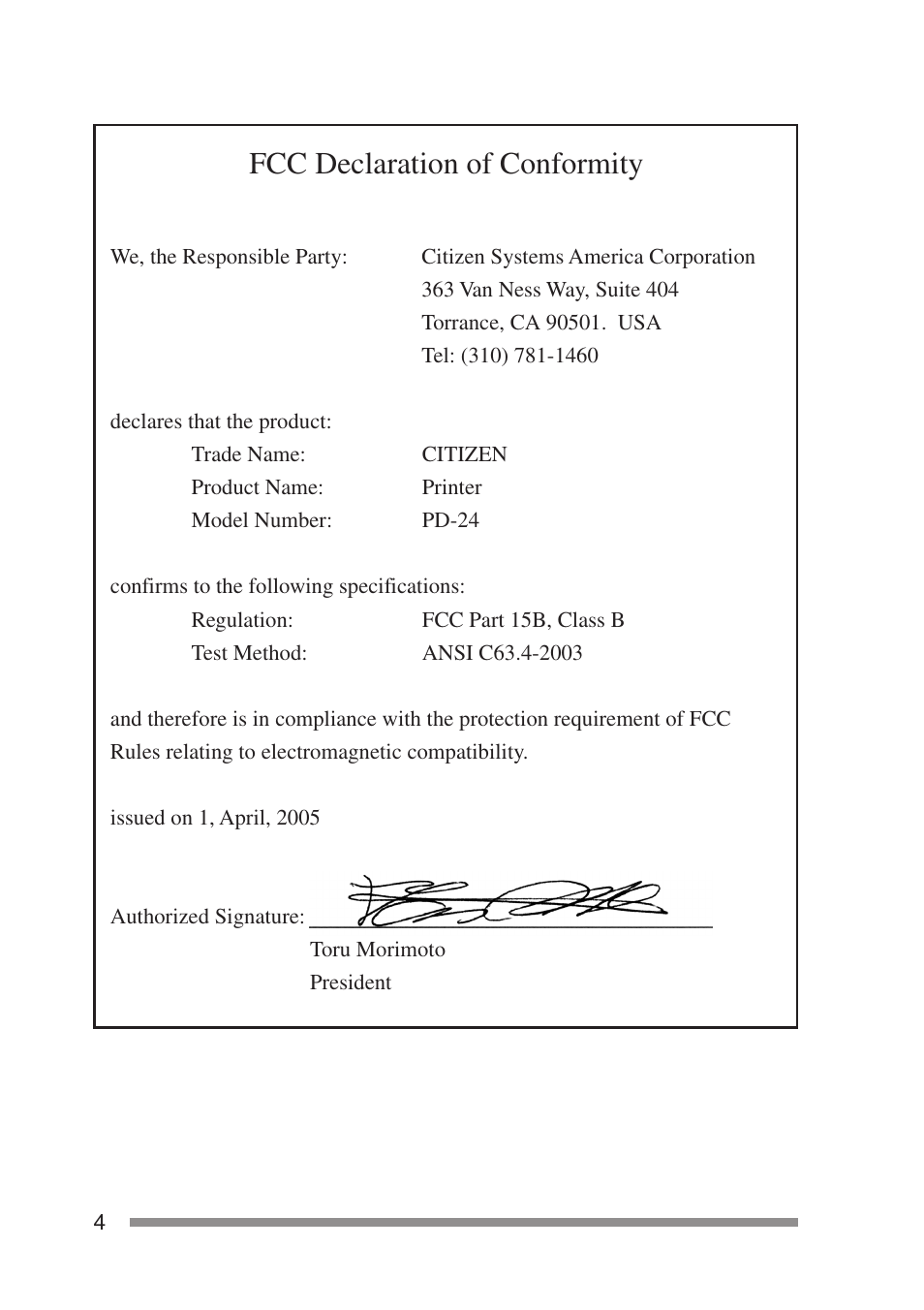 Fcc declaration of conformity | Citizen Systems PD-24 User Manual | Page 4 / 52