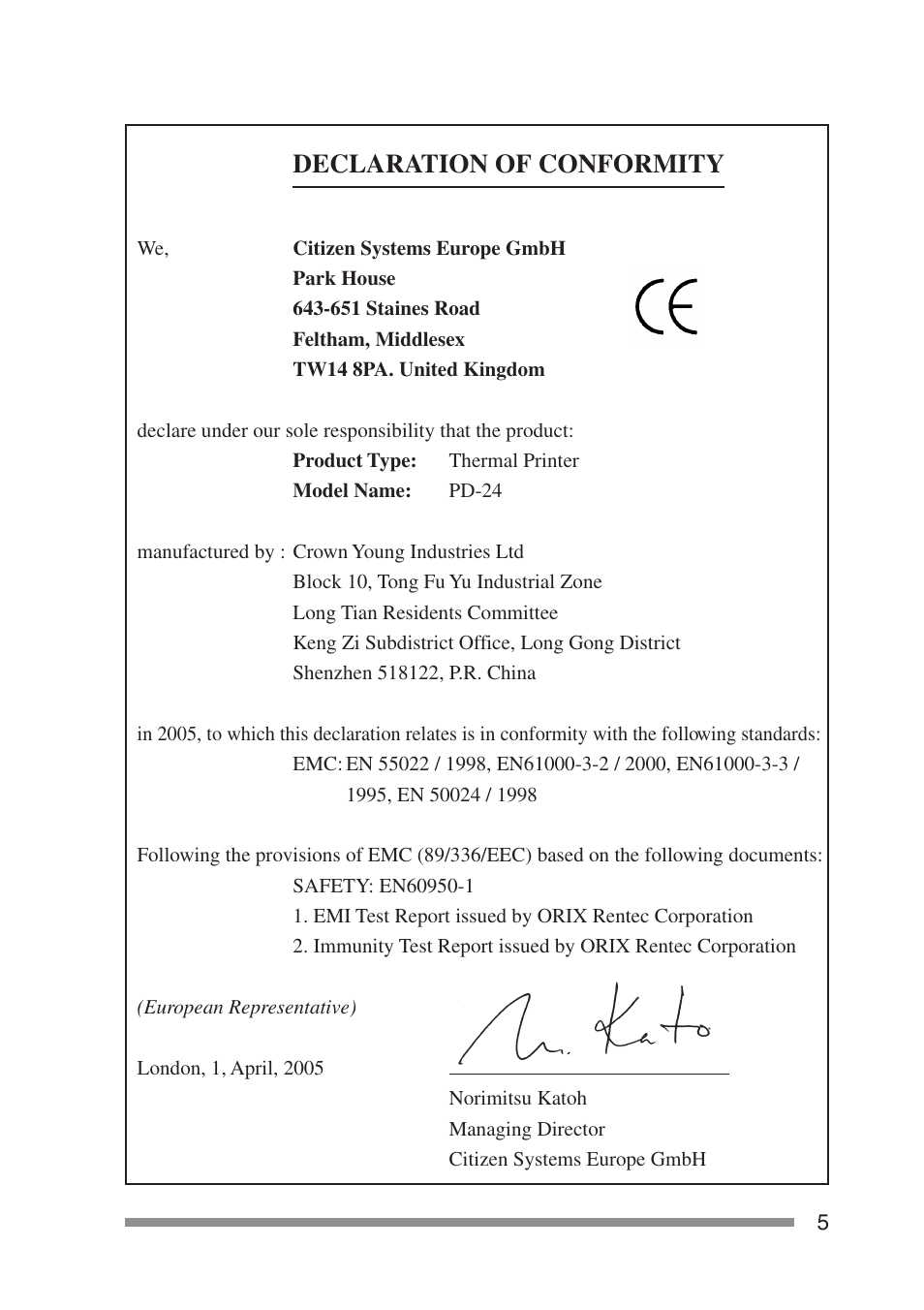 Declaration of conformity | Citizen Systems PD-24 User Manual | Page 5 / 52