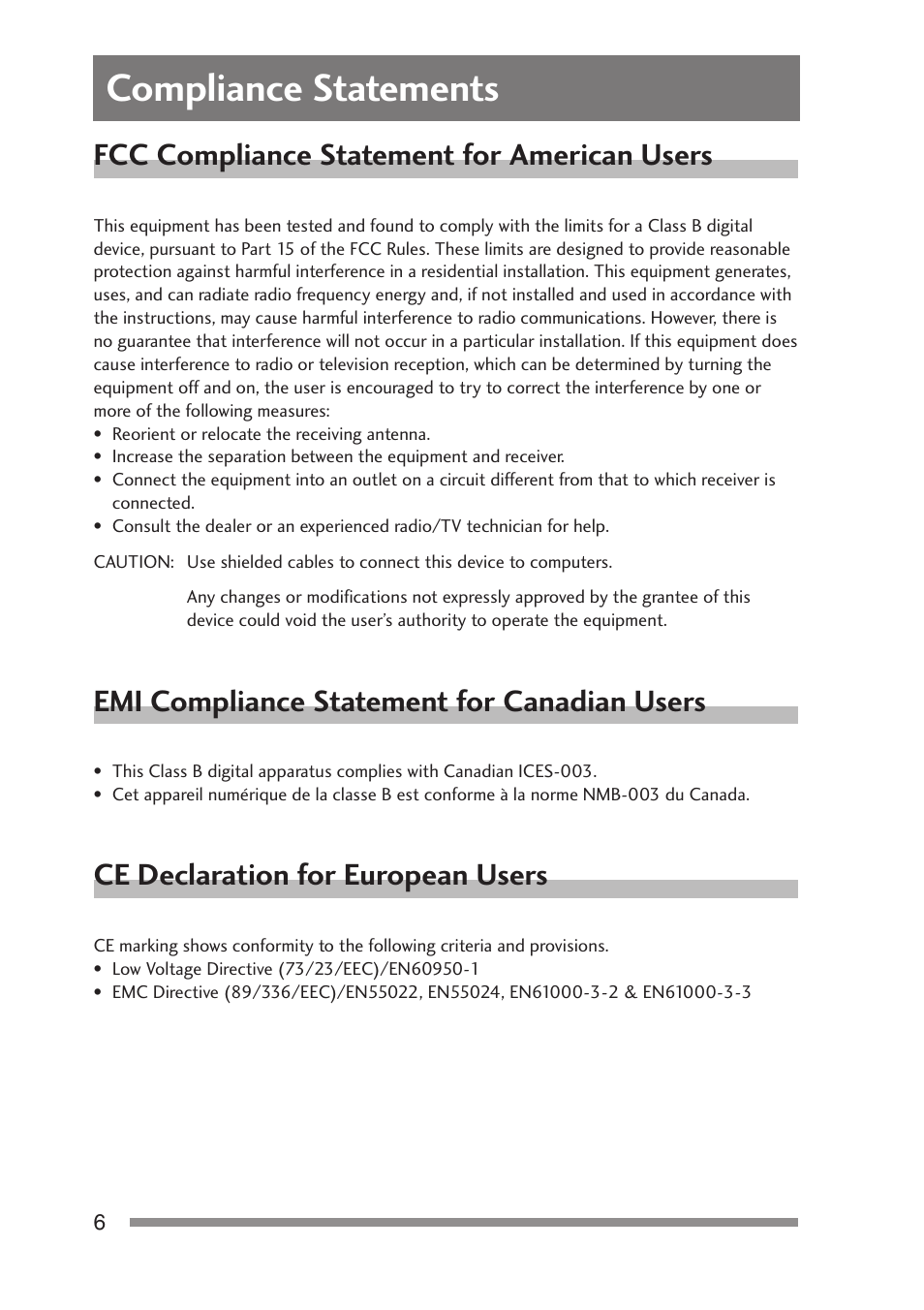 Compliance statements, Fcc compliance statement for american users, Emi compliance statement for canadian users | Ce declaration for european users | Citizen Systems PD-24 User Manual | Page 6 / 52