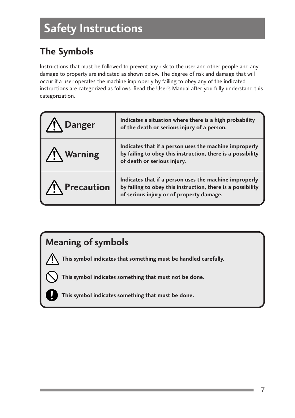 Safety instructions, The symbols, Danger warning precaution meaning of symbols | Citizen Systems PD-24 User Manual | Page 7 / 52