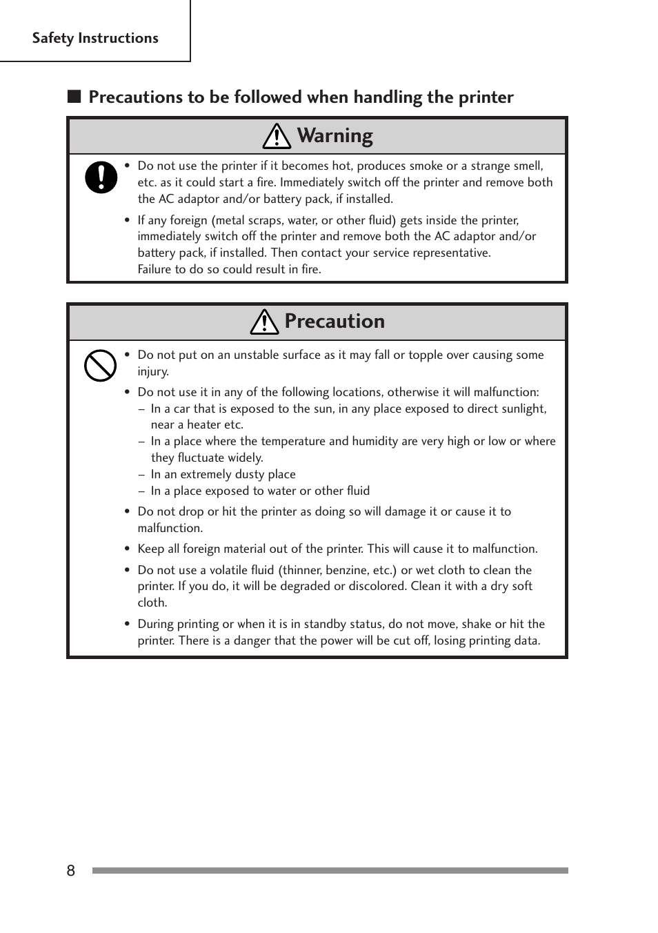 Warning 7, Precaution | Citizen Systems PD-24 User Manual | Page 8 / 52