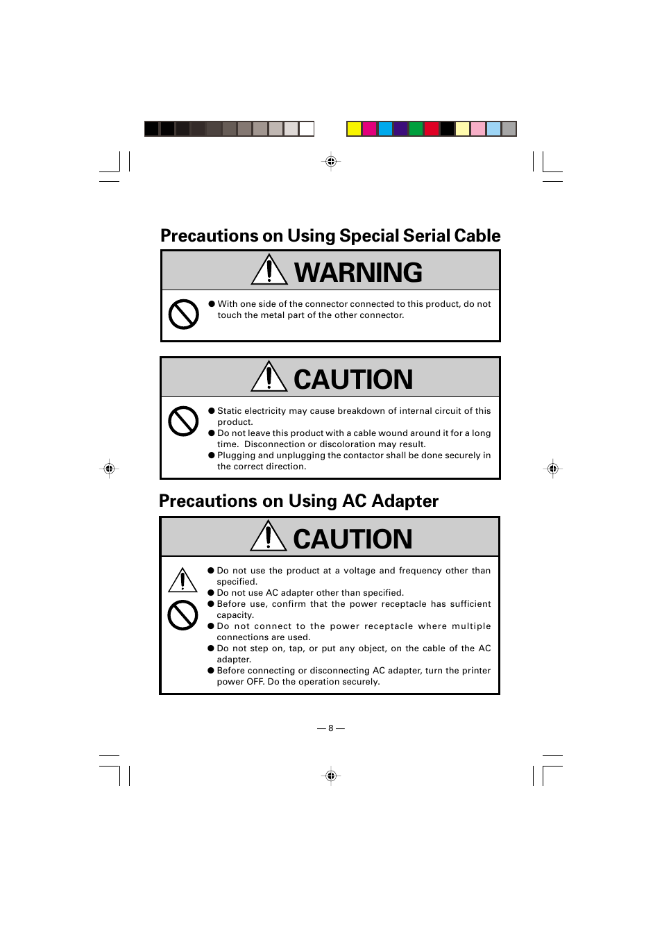 Precautions on using special serial cable, Precautions on using ac adapter, Warning caution caution | Citizen Systems CMP-10 User Manual | Page 12 / 40