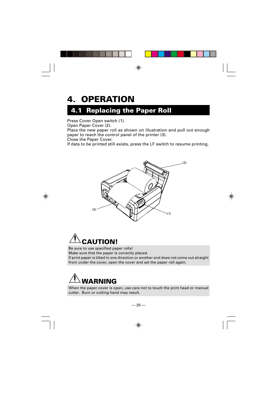 Operation, 1 replacing the paper roll, Caution | Warning | Citizen Systems CMP-10 User Manual | Page 24 / 40