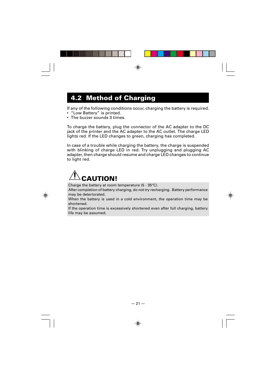 2 method of charging, Caution | Citizen Systems CMP-10 User Manual | Page 25 / 40