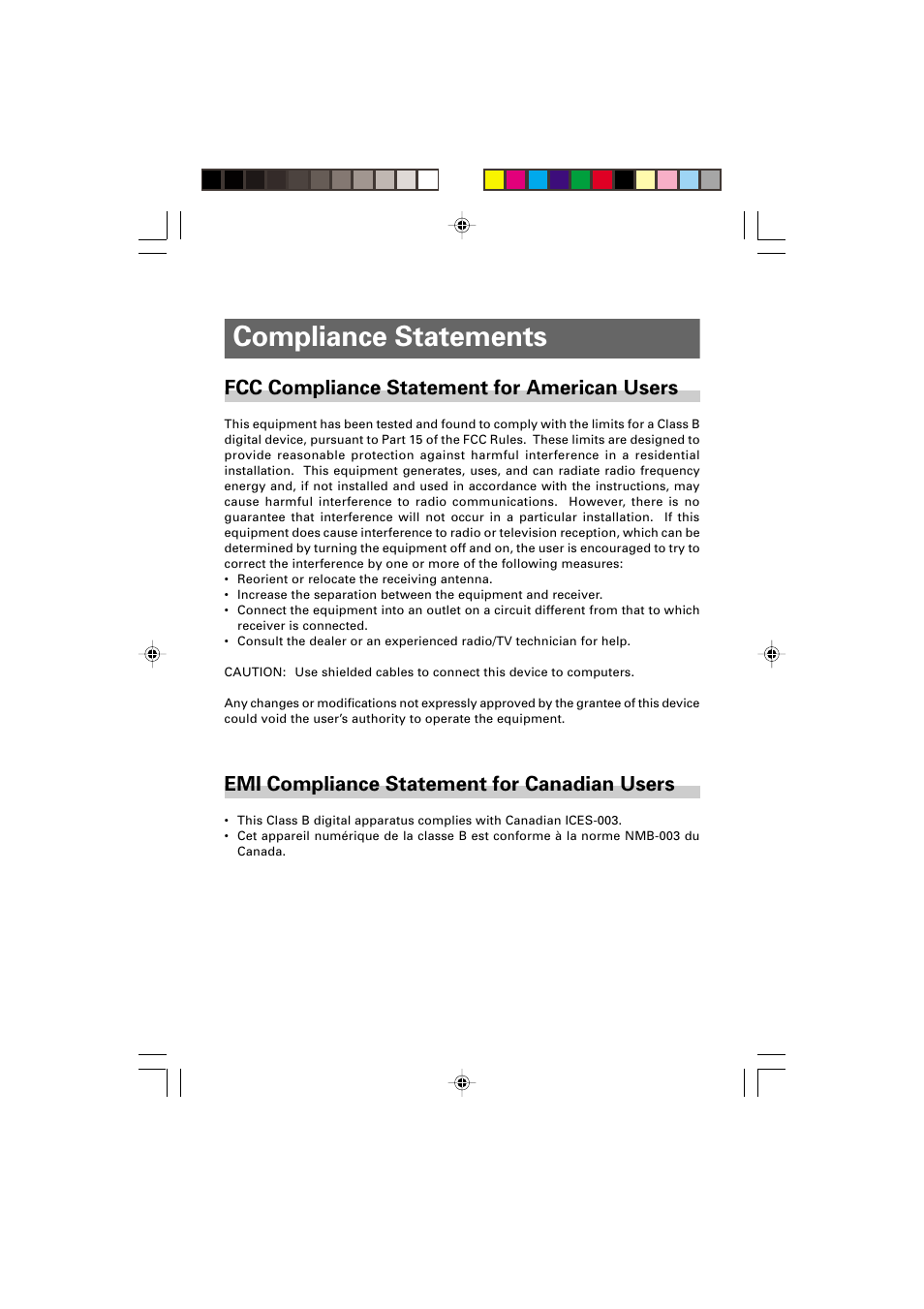 Compliance statements, Fcc compliance statement for american users, Emi compliance statement for canadian users | Citizen Systems CMP-10 User Manual | Page 3 / 40