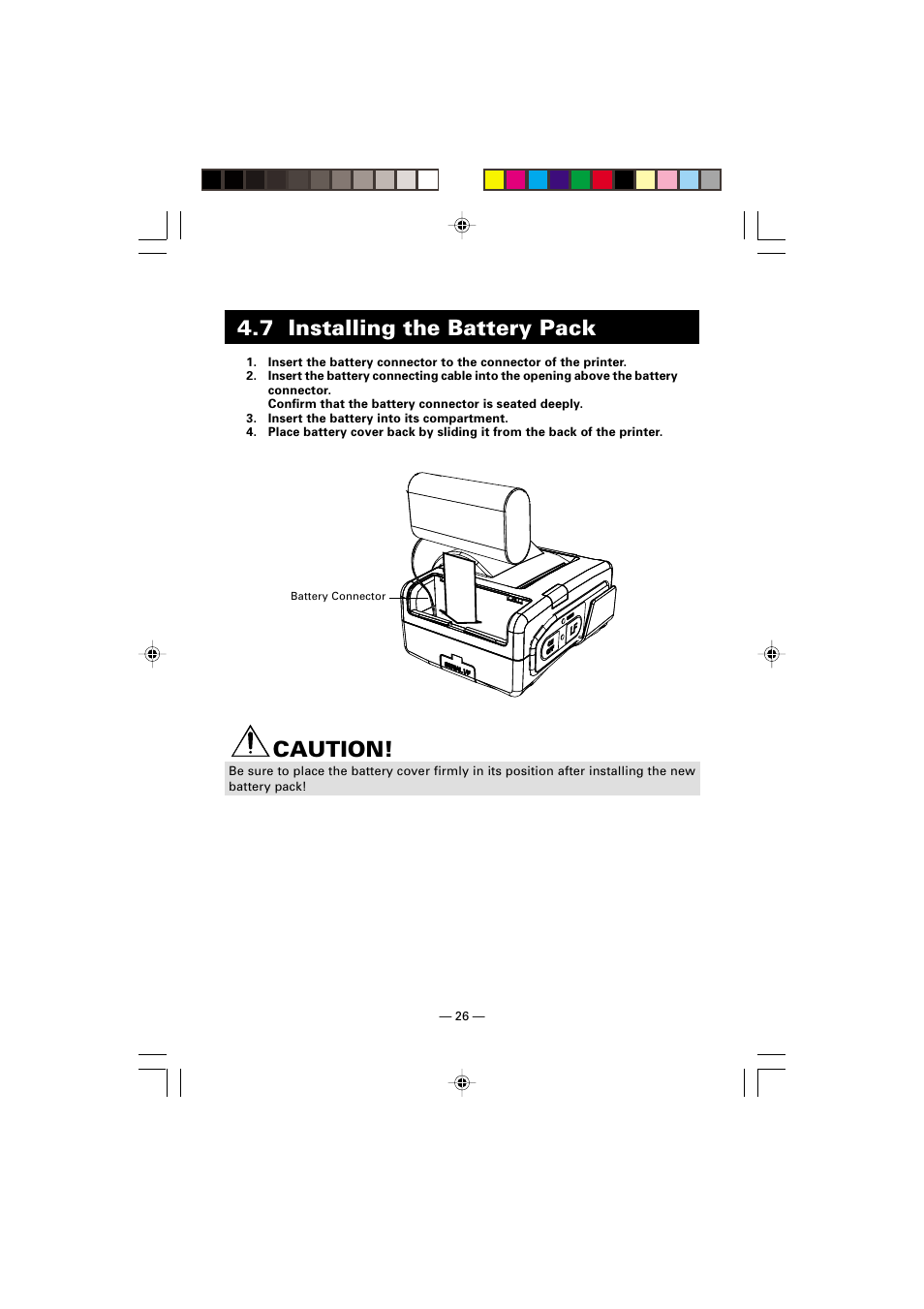 7 installing the battery pack, Caution | Citizen Systems CMP-10 User Manual | Page 30 / 40