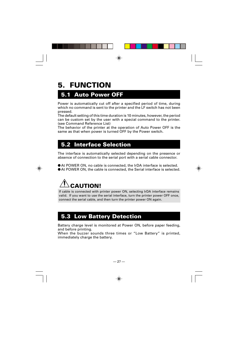 Function, 1 auto power off, 2 interface selection | 3 low battery detection, Caution | Citizen Systems CMP-10 User Manual | Page 31 / 40