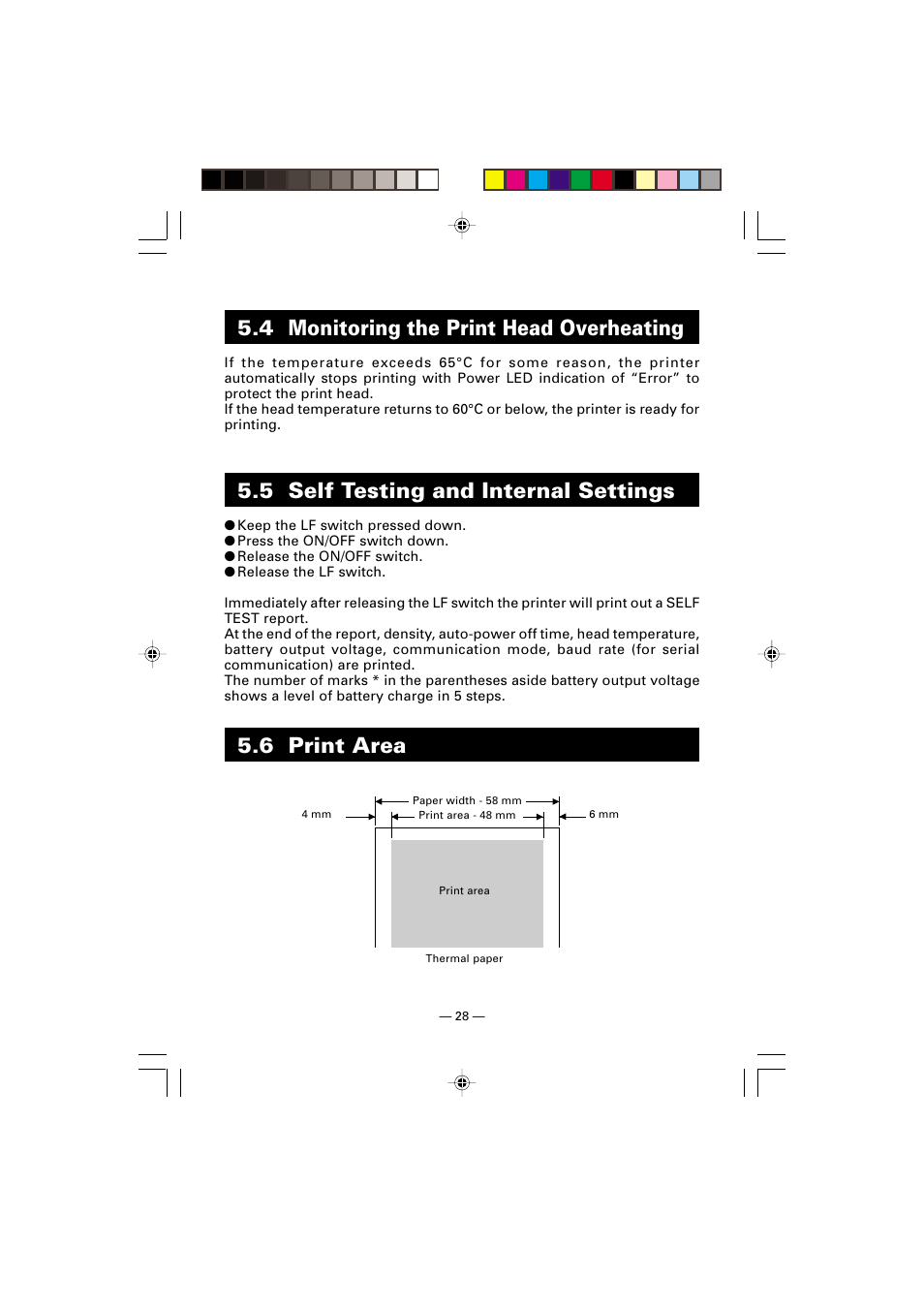 4 monitoring the print head overheating, 5 self testing and internal settings, 6 print area | Citizen Systems CMP-10 User Manual | Page 32 / 40