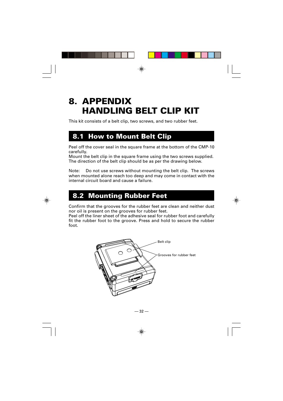 Appendix handling belt clip kit, 1 how to mount belt clip, 2 mounting rubber feet | Citizen Systems CMP-10 User Manual | Page 36 / 40