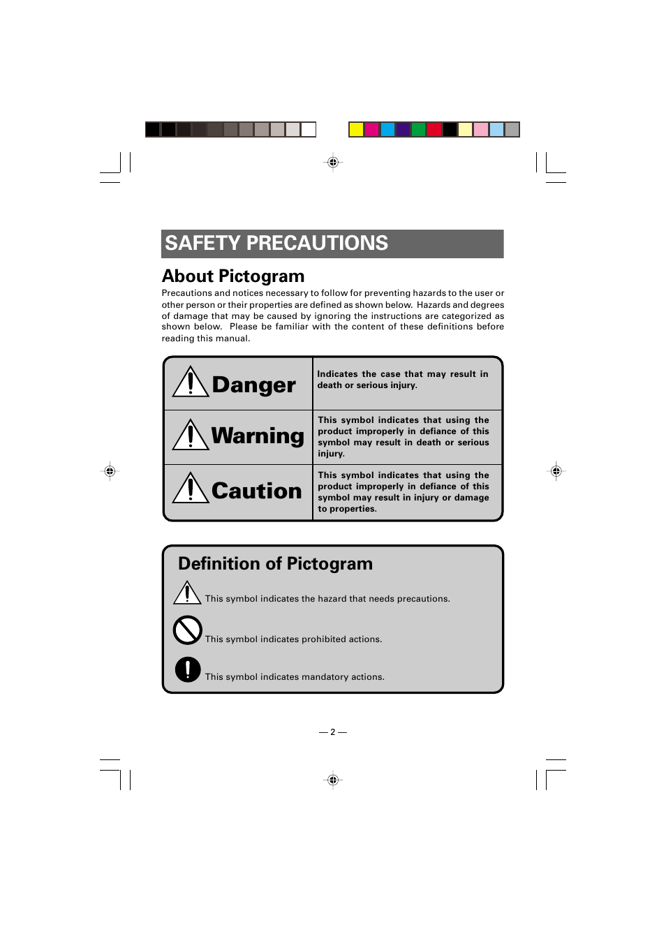 Safety precautions, About pictogram, Danger | Warning caution, Definition of pictogram | Citizen Systems CMP-10 User Manual | Page 6 / 40