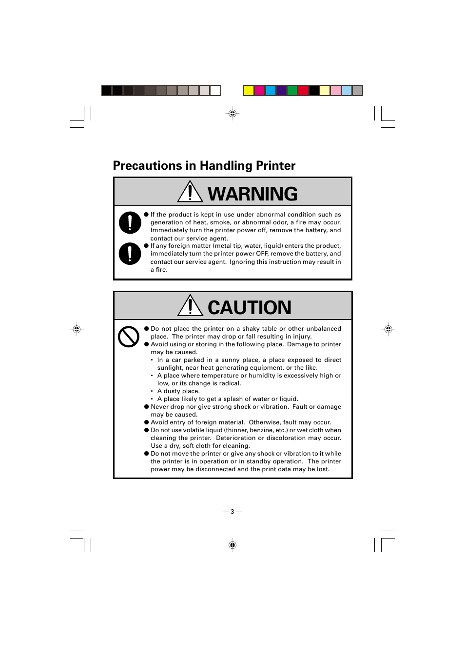 Precautions in handling printer, Warning, Caution | Citizen Systems CMP-10 User Manual | Page 7 / 40