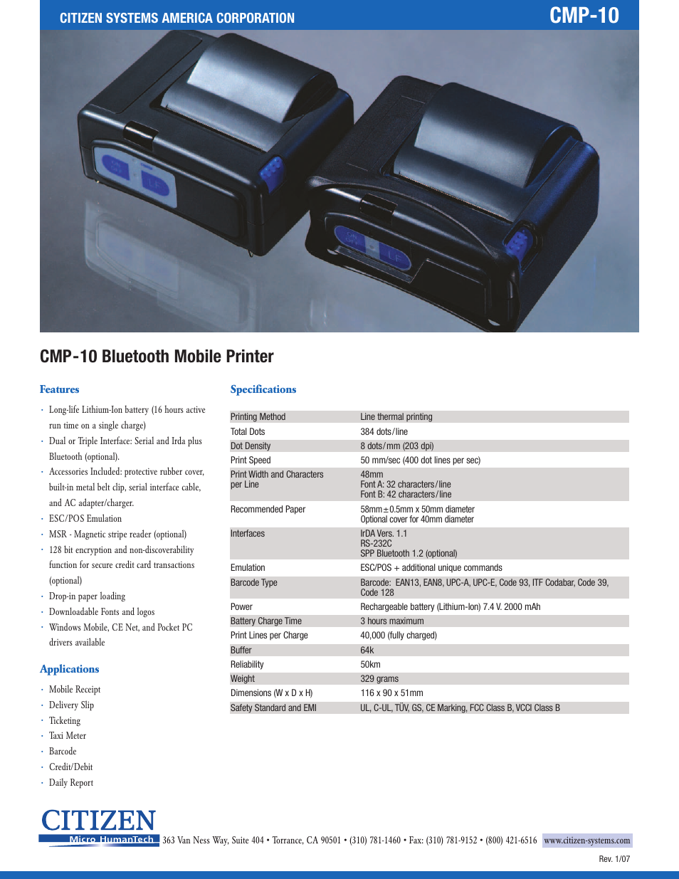 Cmp-10, Cmp-10 bluetooth mobile printer, Citizen systems america corporation | CITIZEN CMP-10 User Manual | Page 2 / 2