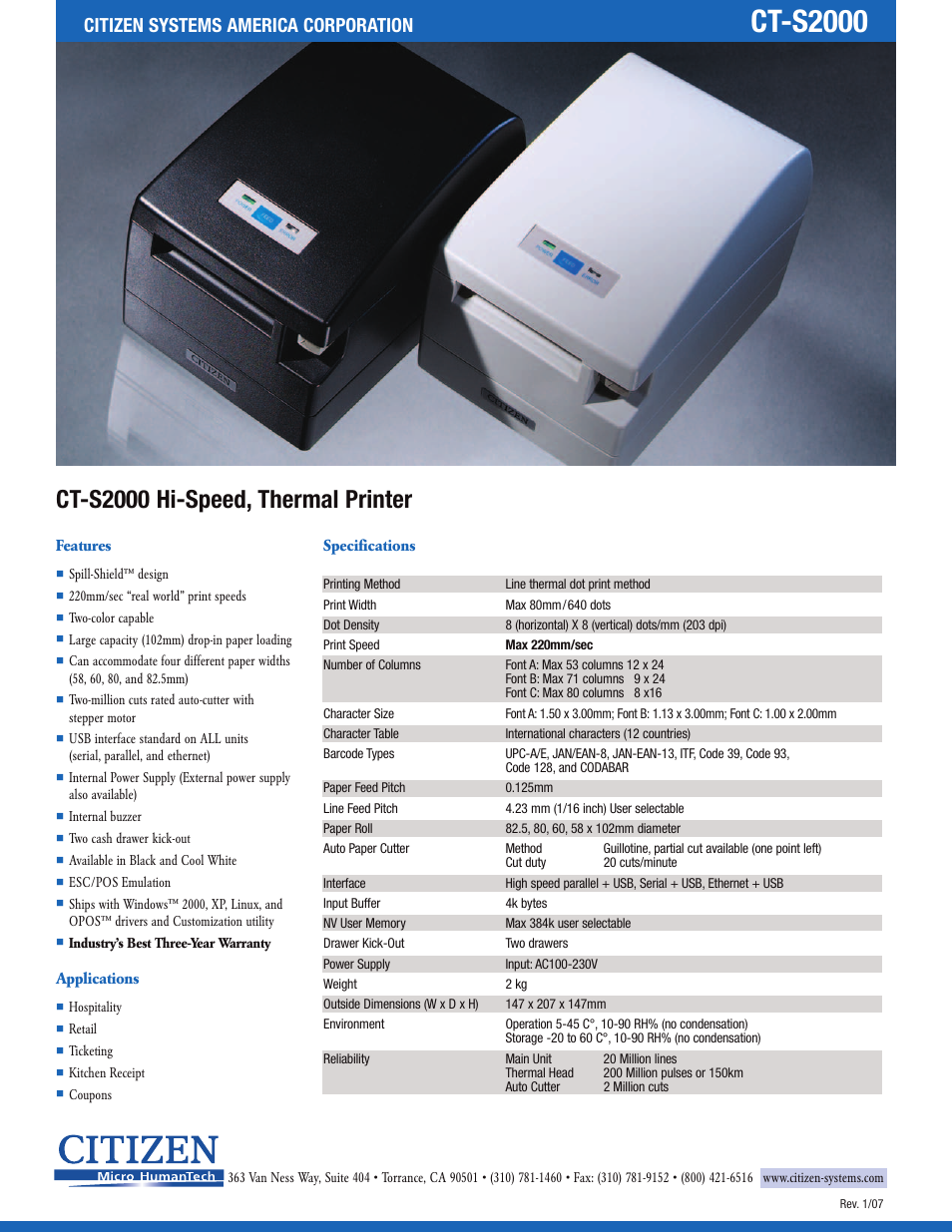 Ct-s2000, Ct-s2000 hi-speed, thermal printer, Citizen systems america corporation | CITIZEN CT-S2000 User Manual | Page 2 / 2