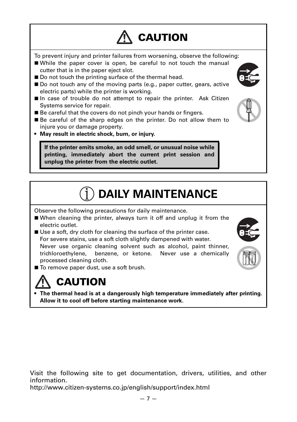 Daily maintenance, Caution | Citizen Systems Line Thermal Printer CT-S601 User Manual | Page 10 / 46