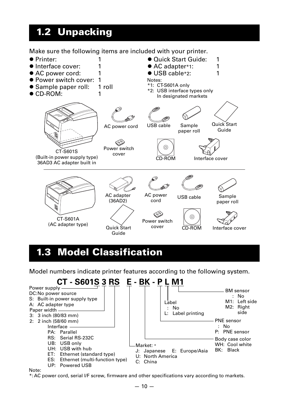 2 unpacking, 3 model classification, 2 unpacking 1.3 model classification | Citizen Systems Line Thermal Printer CT-S601 User Manual | Page 13 / 46